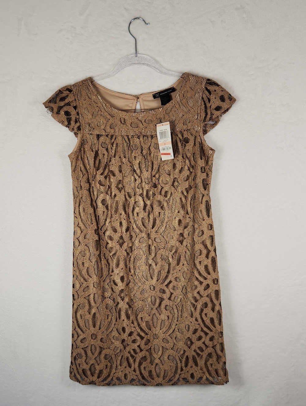 INC Shift Dress Lace Cap Sleeve Beige Lined with Gold Lace Overlay Size 2